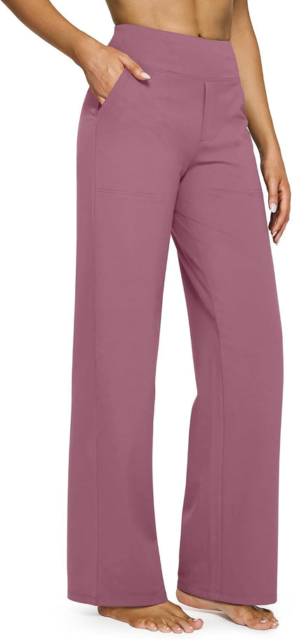G4Free Yoga Pants for Women Wide Leg Pants with Pockets High Waisted | Moisture Wicking, Soft Comfortable Feel, 4-Way Stretch, Faux Fly, Faux Back Pockets, Yoga, Work &amp; Casual Wear