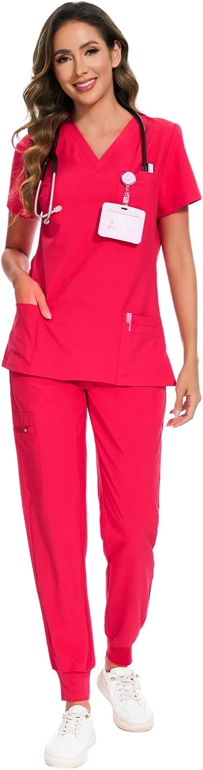COZYFIT Scrubs for Women – Stretch V-Neck &amp; Jogger Pant Set with 9 Pockets