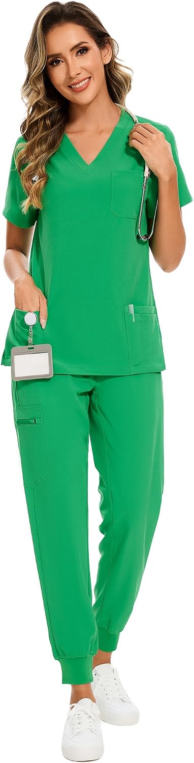 COZYFIT Scrubs for Women – Stretch V-Neck &amp; Jogger Pant Set with 9 Pockets