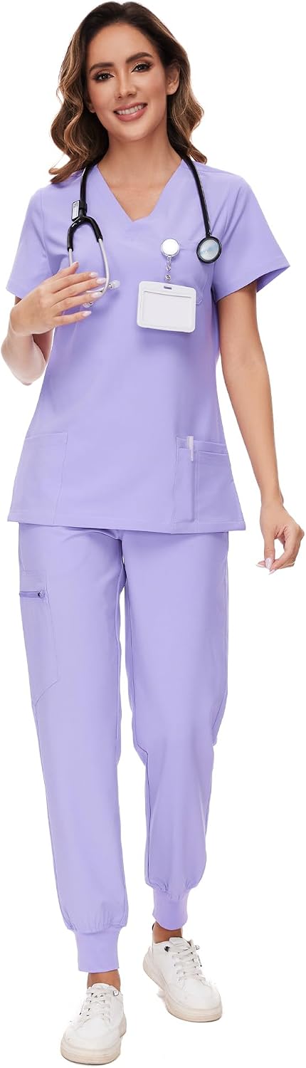 COZYFIT Scrubs for Women – Stretch V-Neck &amp; Jogger Pant Set with 9 Pockets