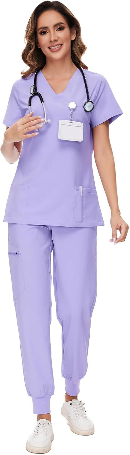 COZYFIT Scrubs for Women – Stretch V-Neck &amp; Jogger Pant Set with 9 Pockets