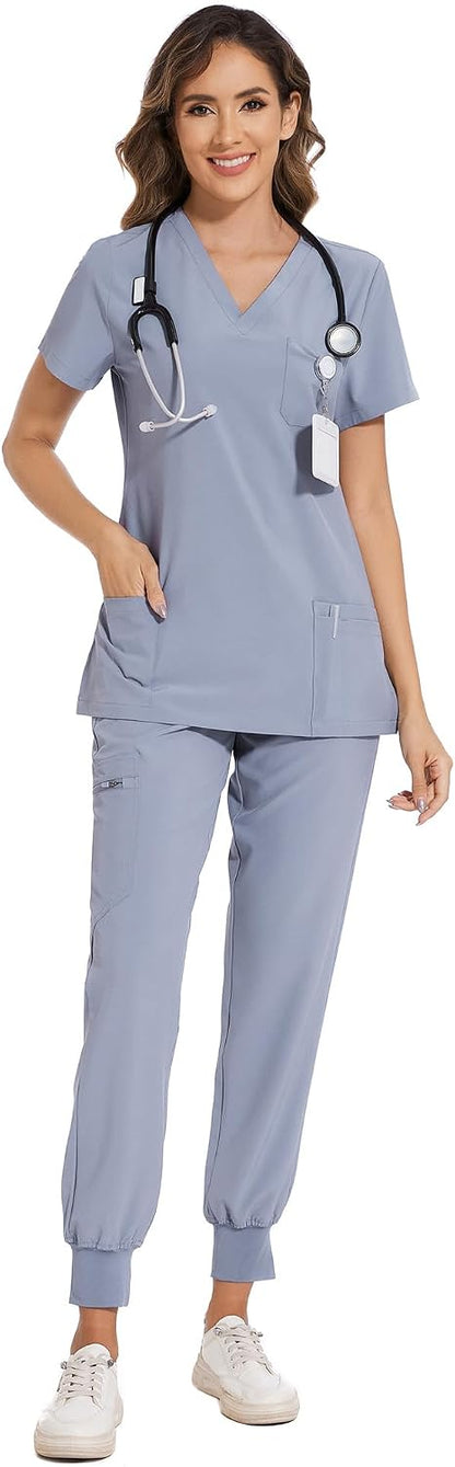 COZYFIT Scrubs for Women – Stretch V-Neck &amp; Jogger Pant Set with 9 Pockets
