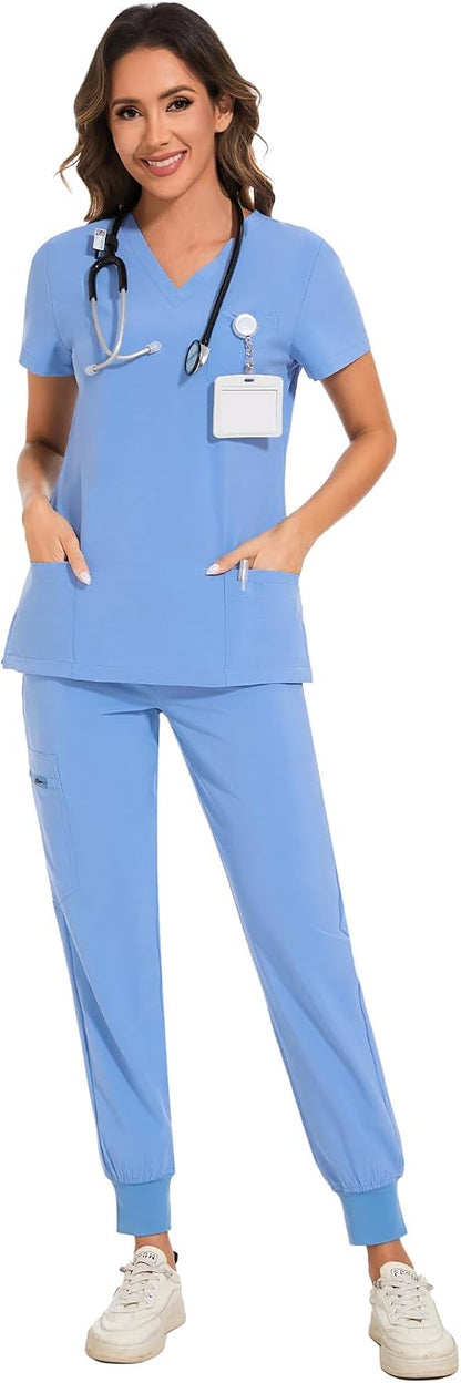 COZYFIT Scrubs for Women – Stretch V-Neck &amp; Jogger Pant Set with 9 Pockets