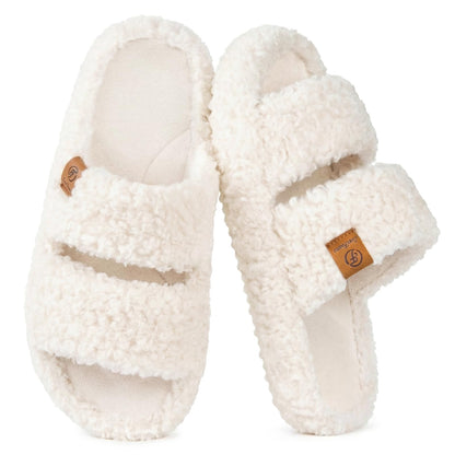EverFoams Womens Fuzzy Open-toe Slippers Memory Foam Indoor House Shoes | machine-washable,gifts,memory foam,anti-slip sole,lightweight,indoor and outdoor,cozy