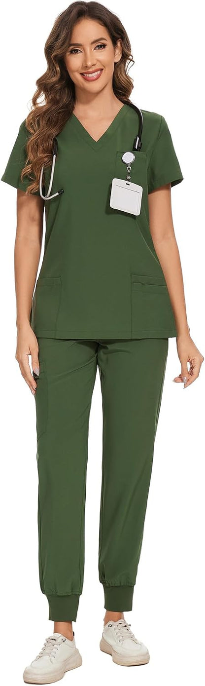 COZYFIT Scrubs for Women – Stretch V-Neck &amp; Jogger Pant Set with 9 Pockets