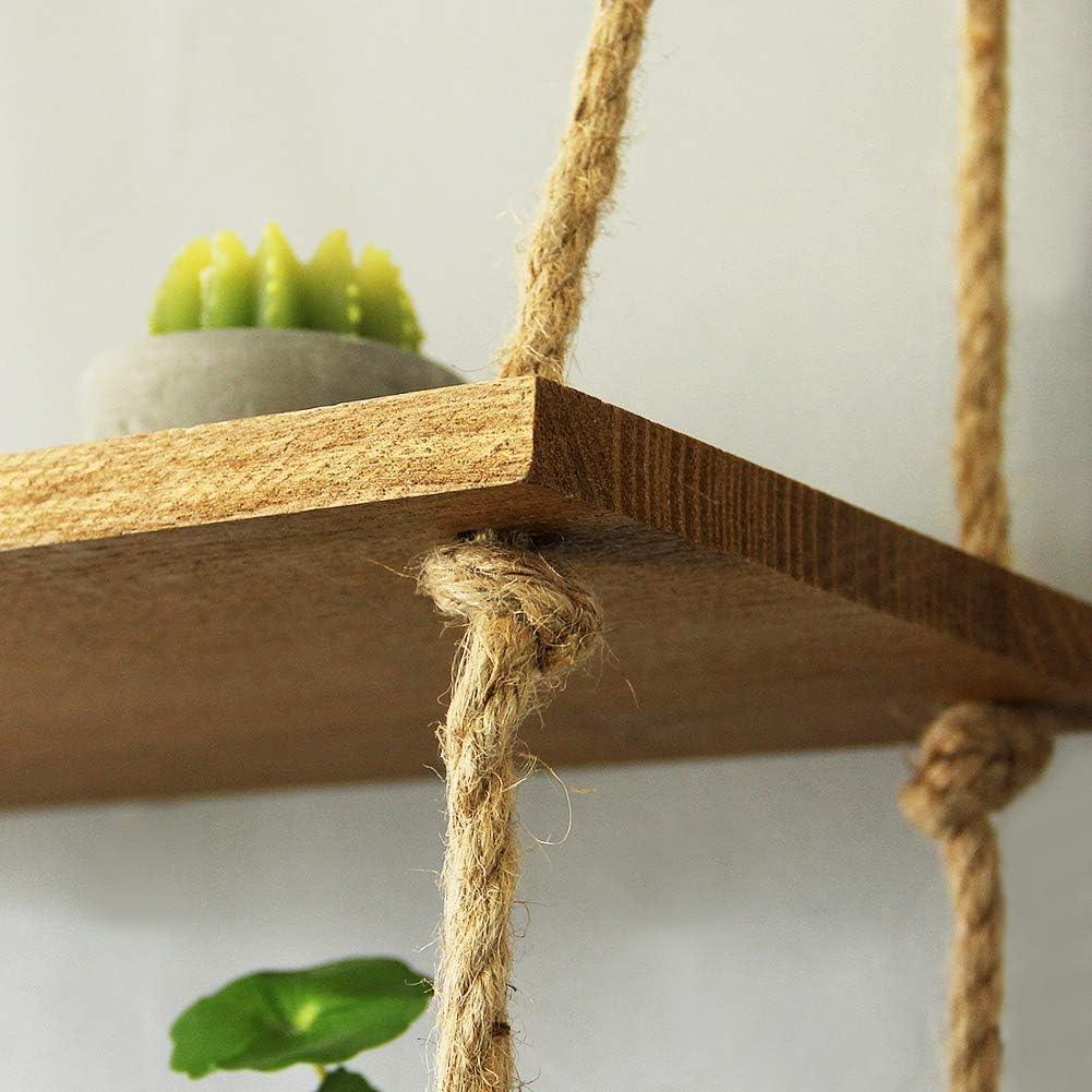 Wood hanging wall shelf with jute rope, wall swing storage organizer for home and garden decor by Carmine Athena