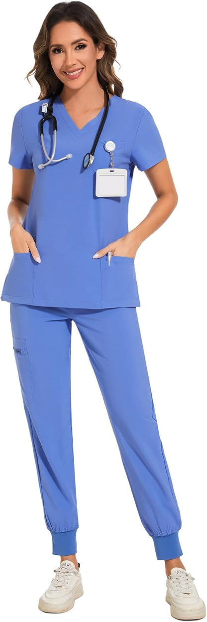 COZYFIT Scrubs for Women – Stretch V-Neck &amp; Jogger Pant Set with 9 Pockets