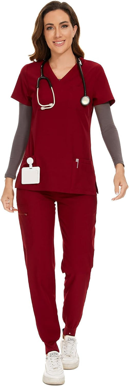 COZYFIT Scrubs for Women – Stretch V-Neck &amp; Jogger Pant Set with 9 Pockets