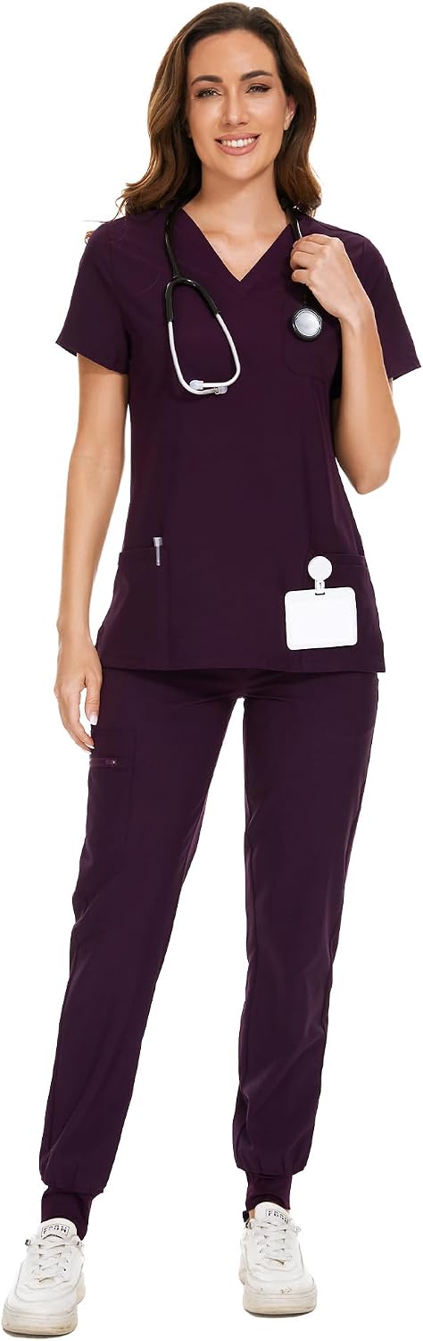 COZYFIT Scrubs for Women – Stretch V-Neck &amp; Jogger Pant Set with 9 Pockets