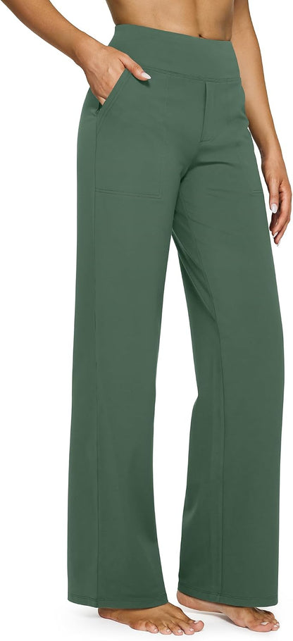 G4Free Yoga Pants for Women Wide Leg Pants with Pockets High Waisted | Moisture Wicking, Soft Comfortable Feel, 4-Way Stretch, Faux Fly, Faux Back Pockets, Yoga, Work &amp; Casual Wear