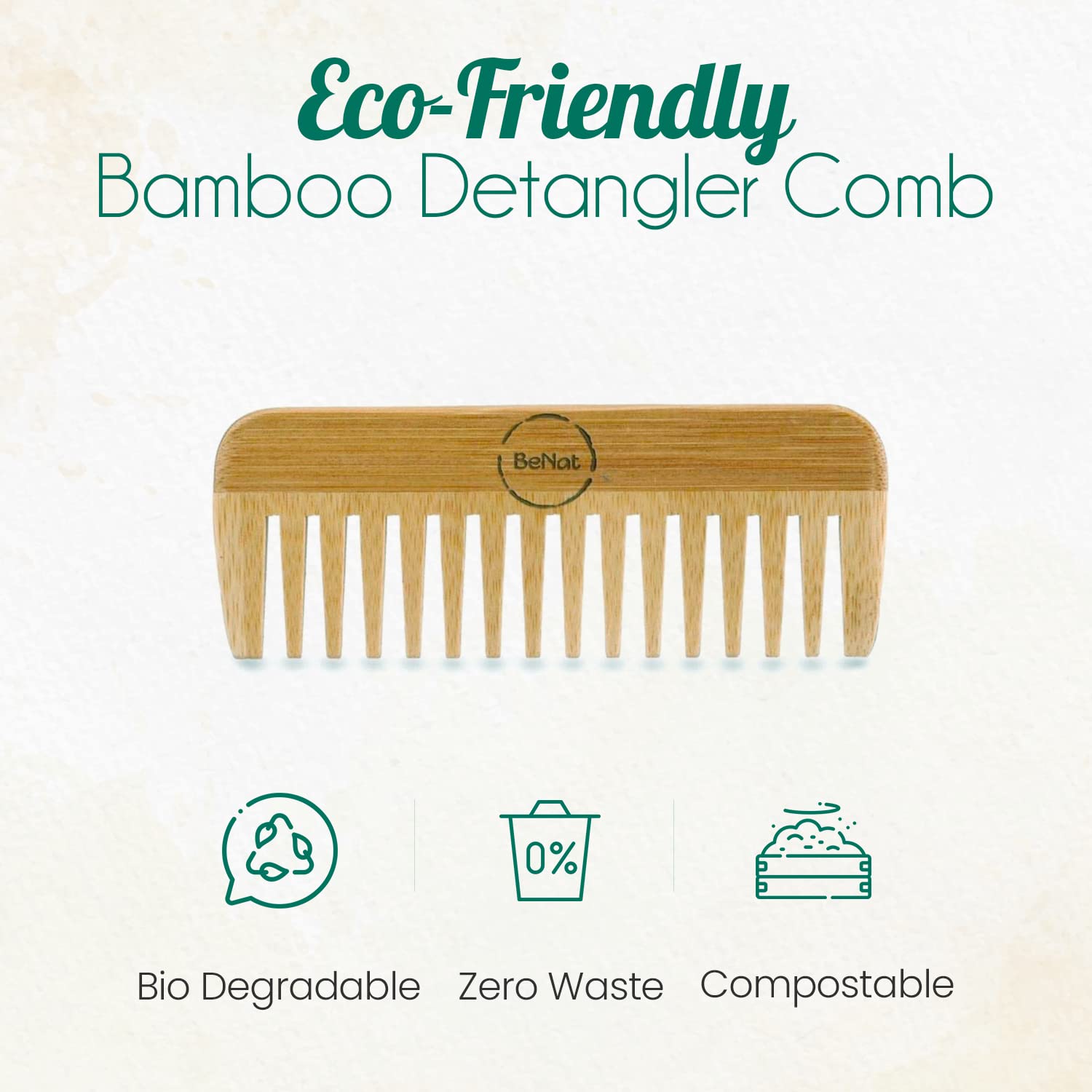 Violet Atlas all-natural bamboo hair comb with wide teeth, ideal for detangling and gentle hair care in bath and beauty routines.