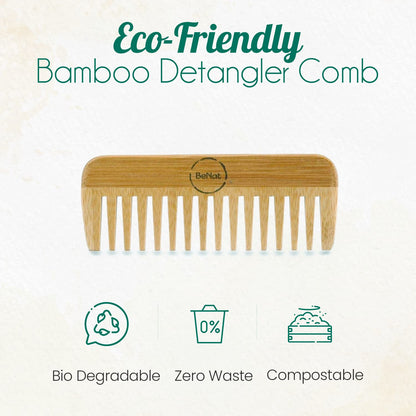 Violet Atlas all-natural bamboo hair comb with wide teeth, ideal for detangling and gentle hair care in bath and beauty routines.