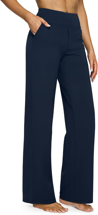G4Free Yoga Pants for Women Wide Leg Pants with Pockets High Waisted | Moisture Wicking, Soft Comfortable Feel, 4-Way Stretch, Faux Fly, Faux Back Pockets, Yoga, Work &amp; Casual Wear