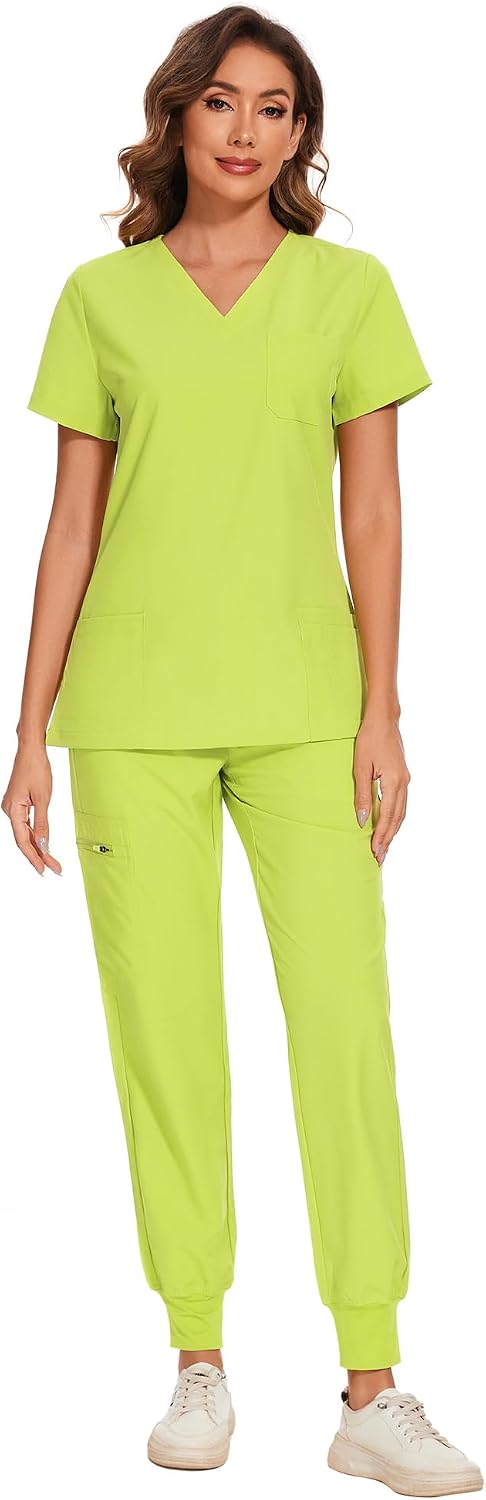 COZYFIT Scrubs for Women – Stretch V-Neck &amp; Jogger Pant Set with 9 Pockets