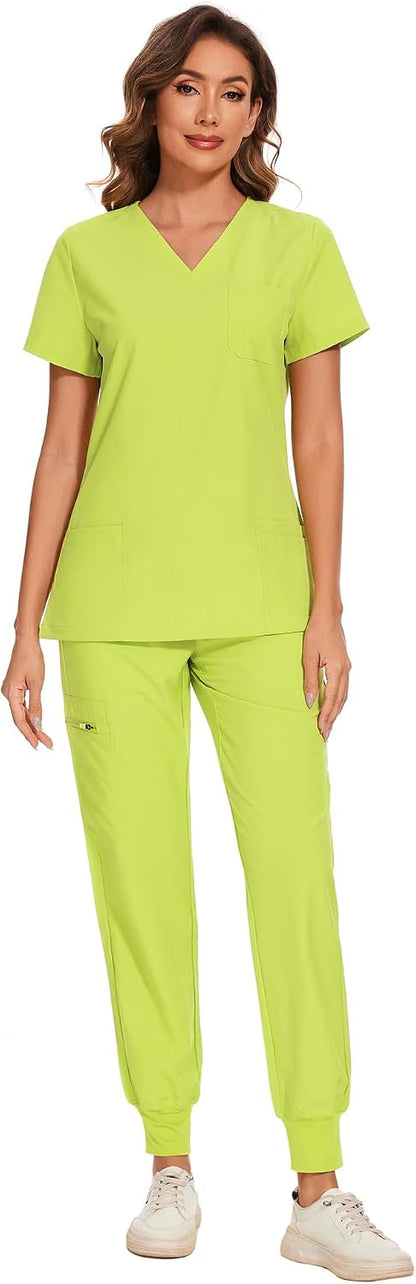 COZYFIT Scrubs for Women – Stretch V-Neck &amp; Jogger Pant Set with 9 Pockets