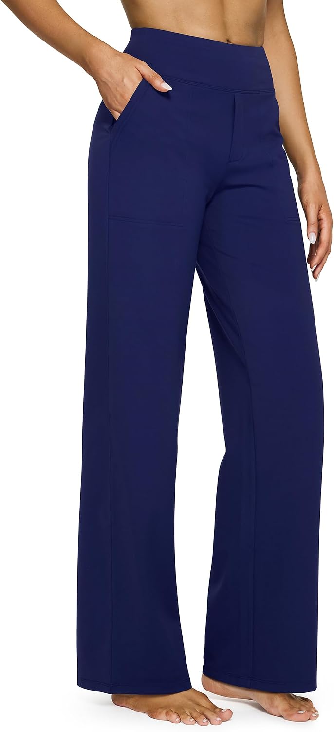 G4Free Yoga Pants for Women Wide Leg Pants with Pockets High Waisted | Moisture Wicking, Soft Comfortable Feel, 4-Way Stretch, Faux Fly, Faux Back Pockets, Yoga, Work &amp; Casual Wear
