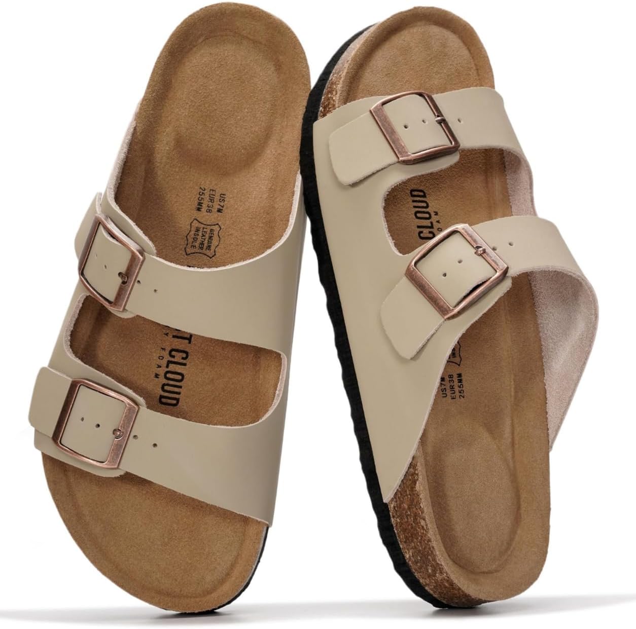 Project Cloud 100% Genuine Leather Womens Sandals Slides for Women (Venita) | Cork Footbed Sandals for Women with Memory Foam and Arch Support Vacation Essentials Slides Women Footwear Flat Sandals