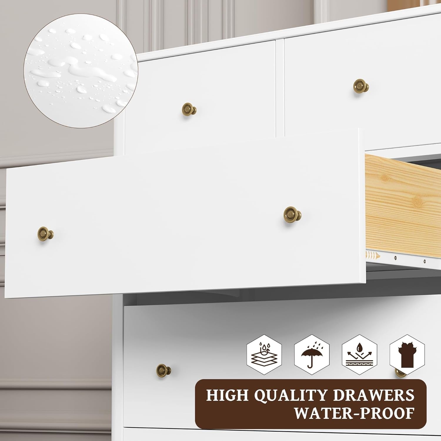 Peach Maple white five-drawer bedroom dresser with sleek handles, ideal for organization and storage in a modern bedroom.