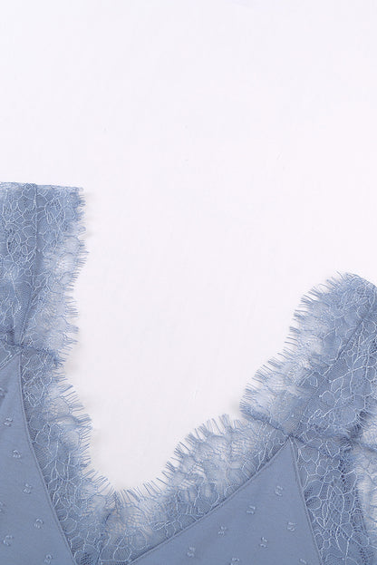 Sky blue eyelash V-neck camisole tank top for women, lightweight Lavender Pallas clothing with delicate eyelash detailing.