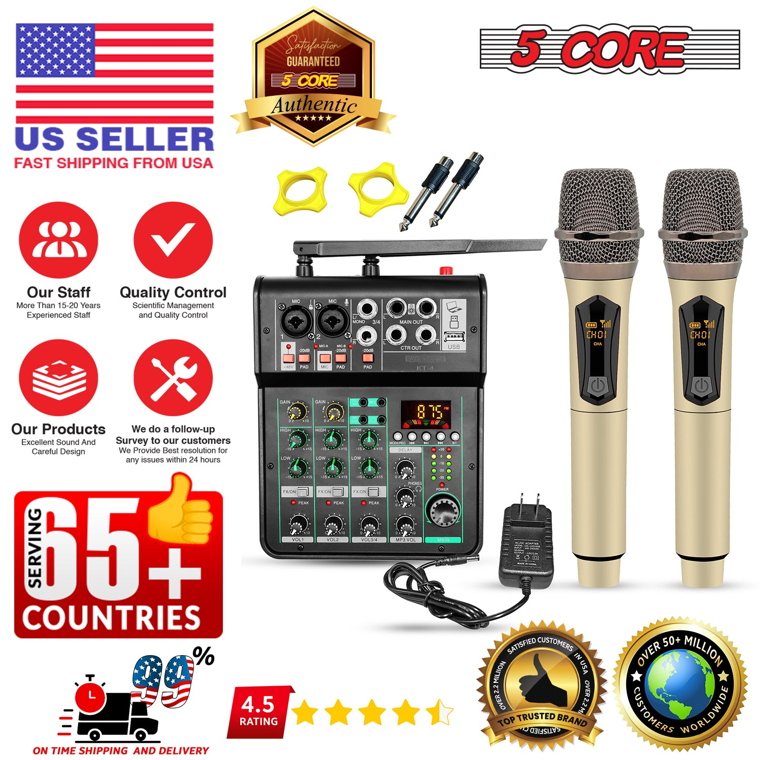 Start2Finish 5Core Audio Mixer 4 Channel DJ soundboard with USB, Bluetooth, repeat delay, and +48V phantom power for musical instruments.