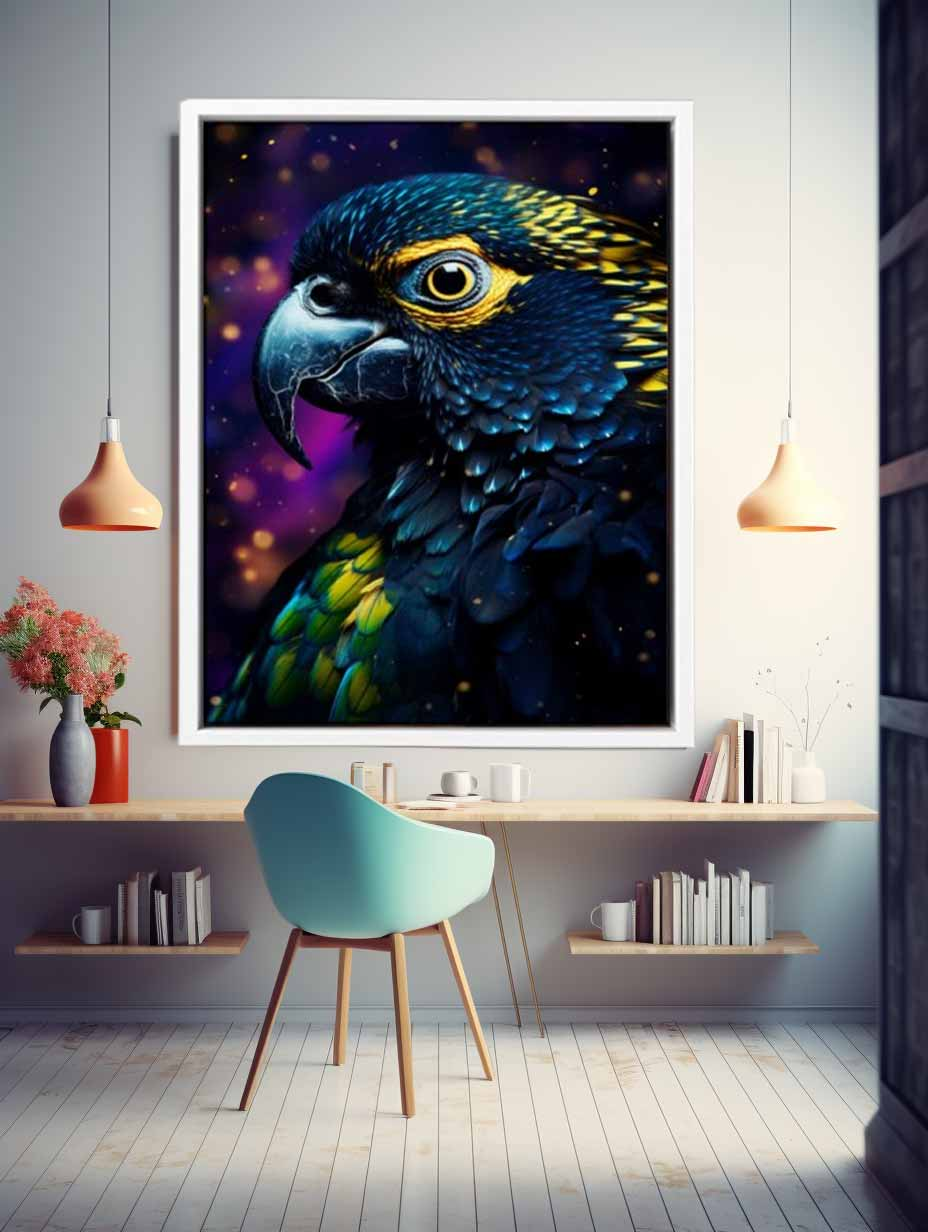 Colorful cockatoo canvas art print by Start2Finish featuring a vibrant bird perched on tropical foliage for home decor.