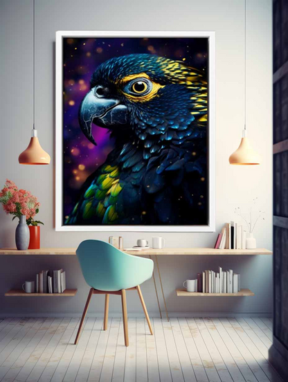 Colorful cockatoo canvas art print by Start2Finish featuring a vibrant bird perched on tropical foliage for home decor.