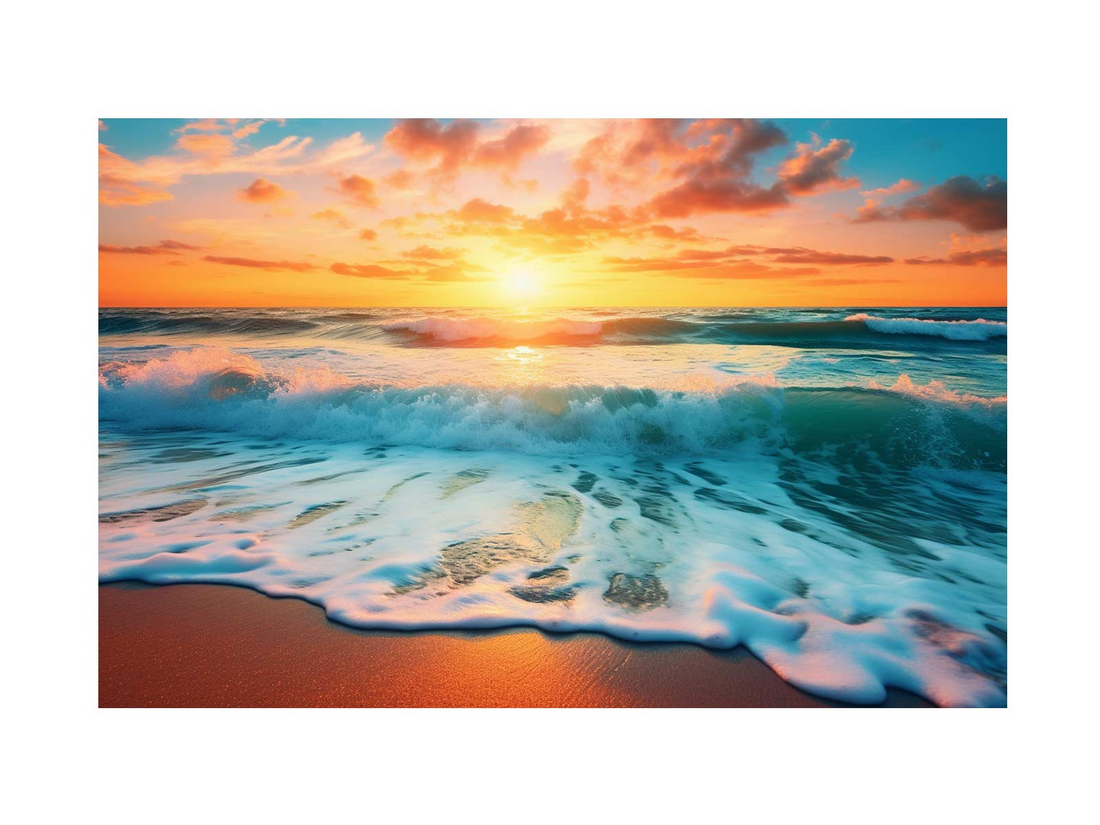 Sunset Beach canvas art print by Start2Finish depicting a vibrant sunset scene with waves and sandy shore for home decor.