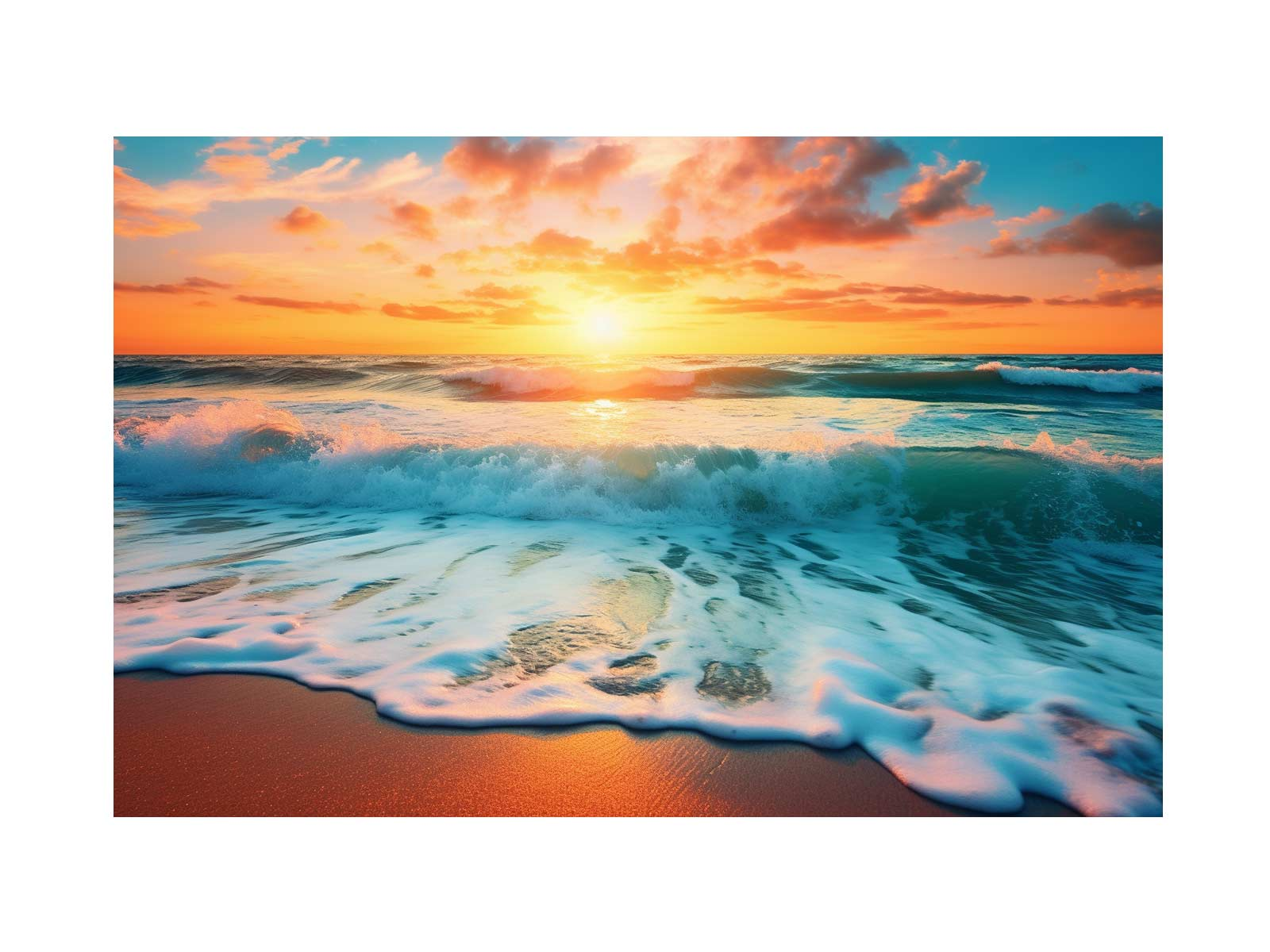 Sunset Beach canvas art print by Start2Finish depicting a vibrant sunset scene with waves and sandy shore for home decor.