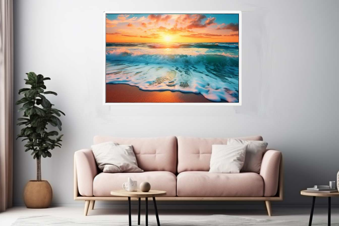 Sunset Beach canvas art print by Start2Finish featuring a vibrant sunset scene with sandy shore and calm ocean waves.