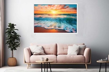 Sunset Beach canvas art print by Start2Finish featuring a vibrant sunset scene with sandy shore and calm ocean waves.