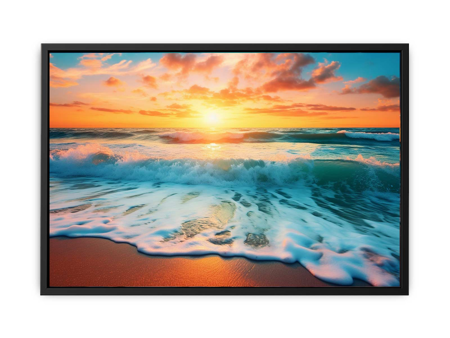 Sunset Beach canvas art print by Start2Finish showing vibrant sunset over calm ocean waves on a sandy beach.