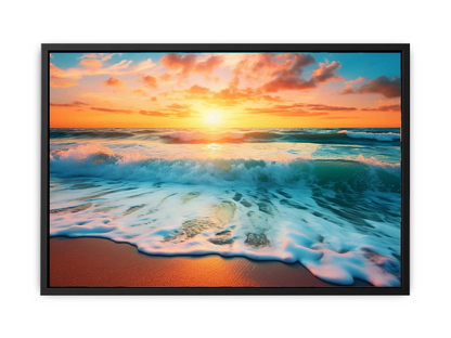Sunset Beach canvas art print by Start2Finish showing vibrant sunset over calm ocean waves on a sandy beach.