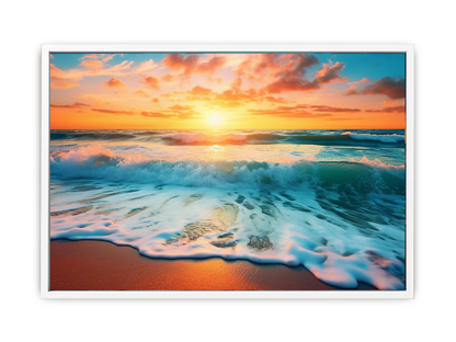 Sunset Beach Canvas Art Print by Start2Finish featuring a vibrant sunset over a calm ocean with sandy shoreline.