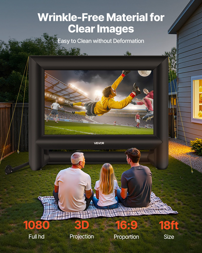 Start2Finish 18ft inflatable movie screen set up outdoors with portable storage bag for backyard movies and outdoor home theater.