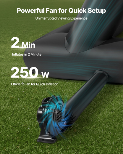 Start2Finish 18FT inflatable outdoor movie screen set up with projector, portable storage bag, ideal for backyard, home theater, or parties.