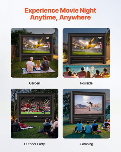 Start2Finish VEVOR 18FT inflatable outdoor movie screen set up with a portable storage bag for backyard home theater or theme parties.