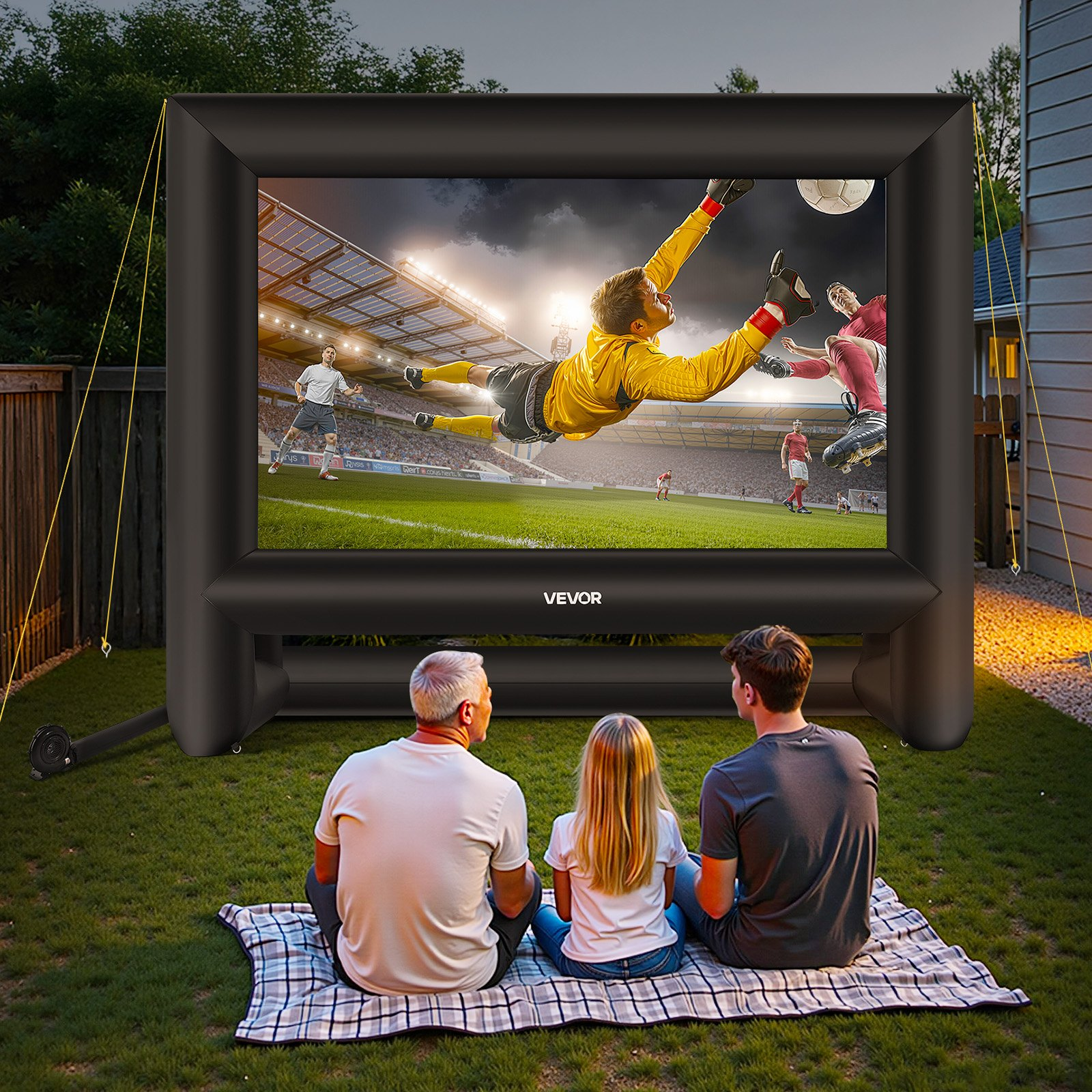Start2Finish VEVOR 18FT inflatable movie screen set up outdoors with portable storage bag for backyard movie nights and outdoor entertainment.