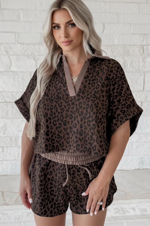 Leopard print collared V-neck top and matching shorts set by Byzantium Bay, stylish and comfortable for casual wear.