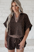 Leopard print collared V-neck top and matching shorts set by Byzantium Bay, stylish and comfortable for casual wear.