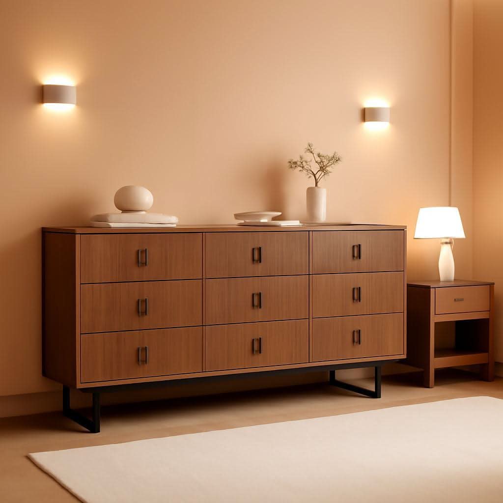 Walnut Nine Drawer Dresser Anti Tipping Reinforcement