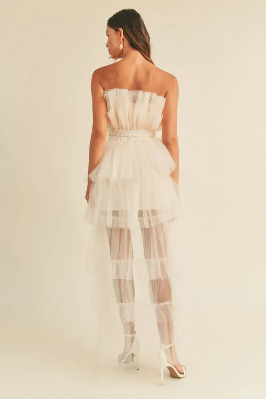 Pear Daisy tulle tube ruffle crop top and high-low maxi skirt set, perfect for elegant home or garden events.