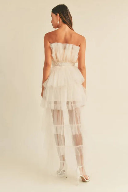 Pear Daisy tulle tube ruffle crop top and high-low maxi skirt set, perfect for elegant home or garden events.