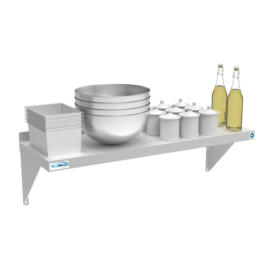 Stainless-steel 12x36-inch heavy-duty wall shelf by Violet Blackhaw, ideal for food and beverage storage in commercial kitchens.