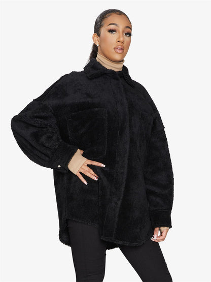 Rose Eleusis oversized patch pocket borg teddy shacket featuring a cozy, plush textured fabric and relaxed fit, ideal for cold weather.