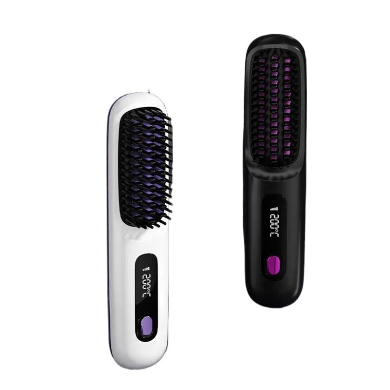 Maroon Asteria cordless hair straightener brush with LCD display, electric hot styling tool for smooth, straight hair.