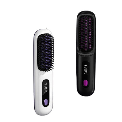 Maroon Asteria cordless hair straightener brush with LCD display, electric hot styling tool for smooth, straight hair.