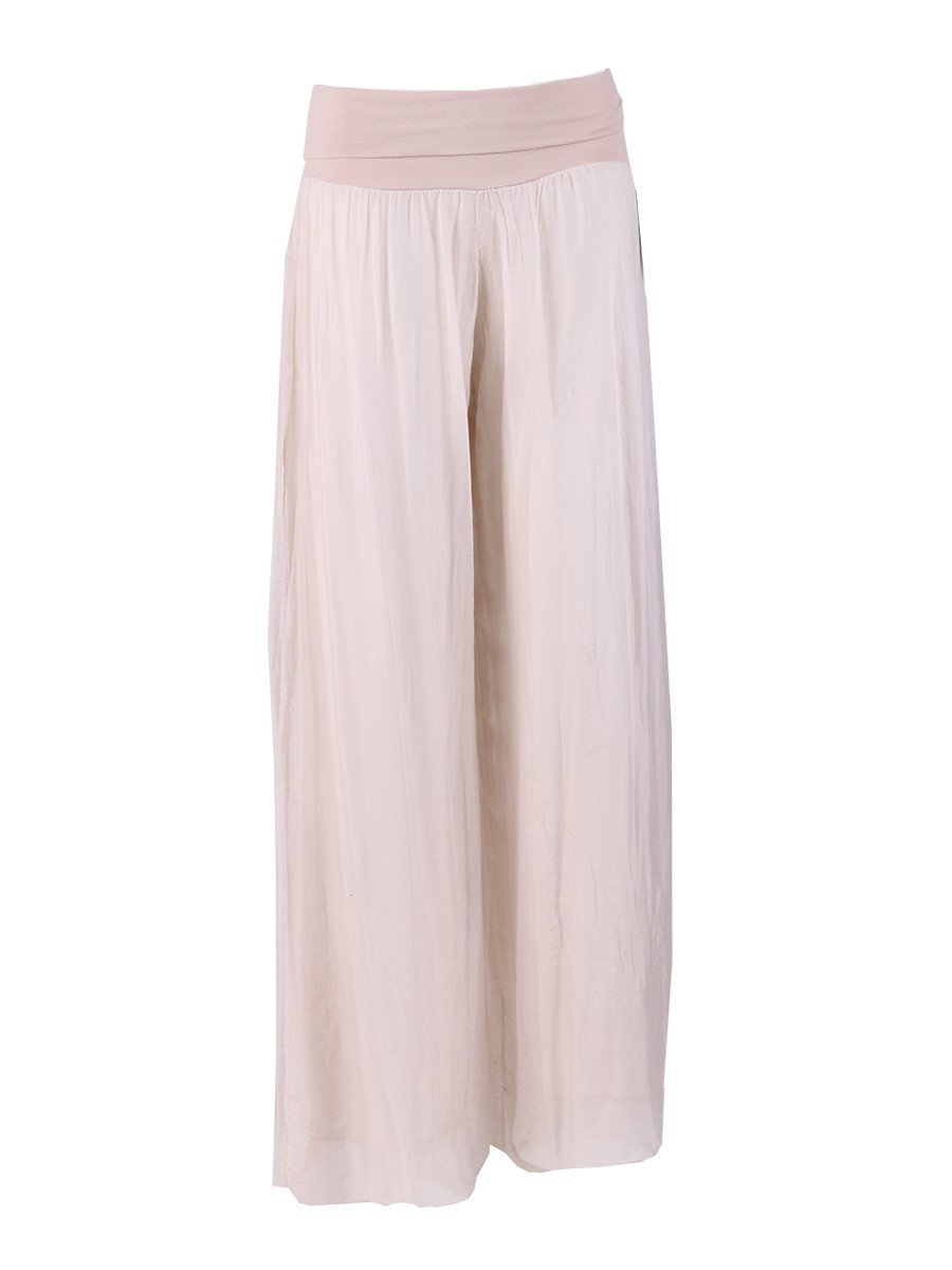 Violet Medea Champagne Donna Italian Silk Palazzo Pant hat in elegant silk with a wide-leg design, styled with a decorative hat band.