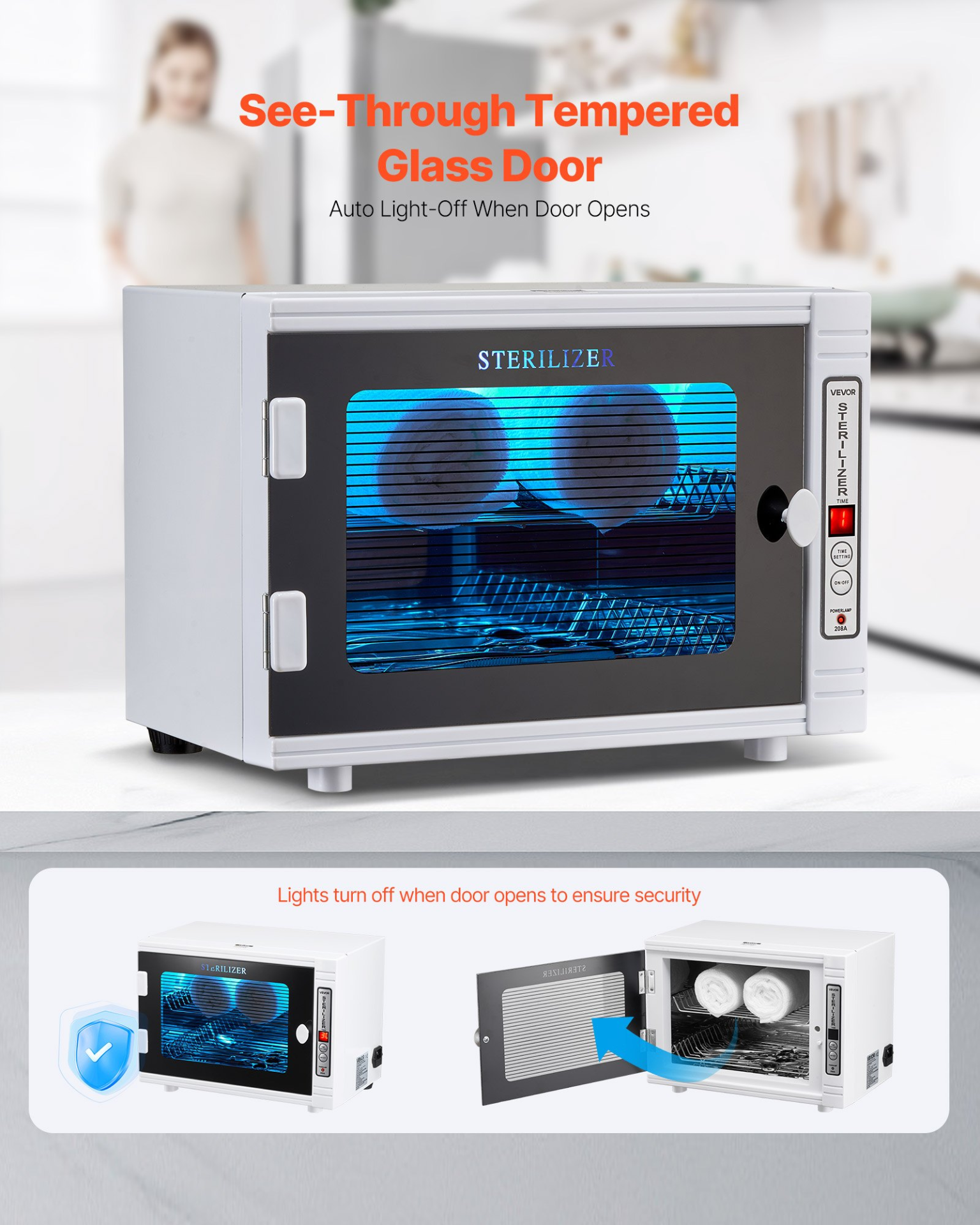 Start2Finish VEVOR nail tool cleaning machine with 12L capacity, tempered glass door, timer, and UV light for salons and labs.