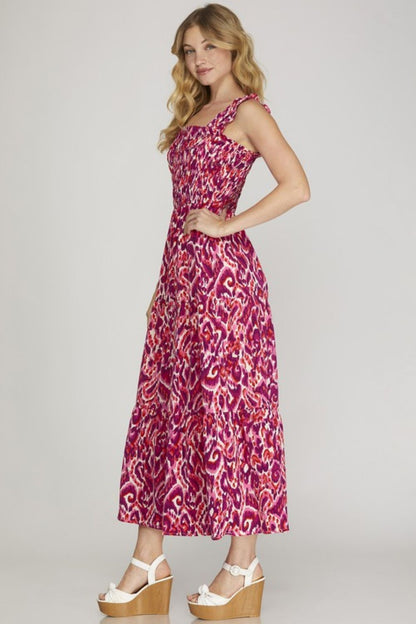 She + Sky full size smocked printed wide strap tiered dress by Jade Icarus, featuring a colorful tiered design and wide straps.