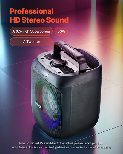 Start2Finish VEVOR karaoke machine with 30W Bluetooth speaker, 6.5-inch LED light, wireless mics, and portable handle for home singing.
